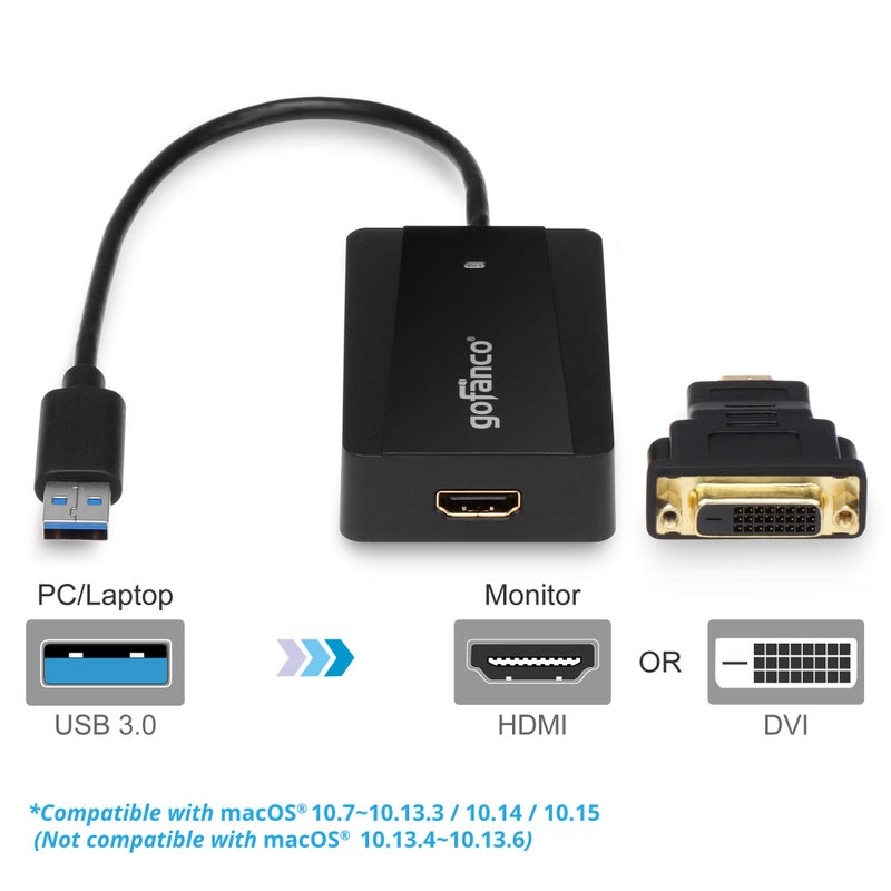 gofanco USB 3.0 to HDMI Video Graphics Adapter for Multiple Monitors - Up to 2560x1440 for Windows and macOS, DisplayLink Chip, Includes HDMI-to-DVI Adapter, USB 3.0 Video Adapter (USB3HDMI) - Image 2